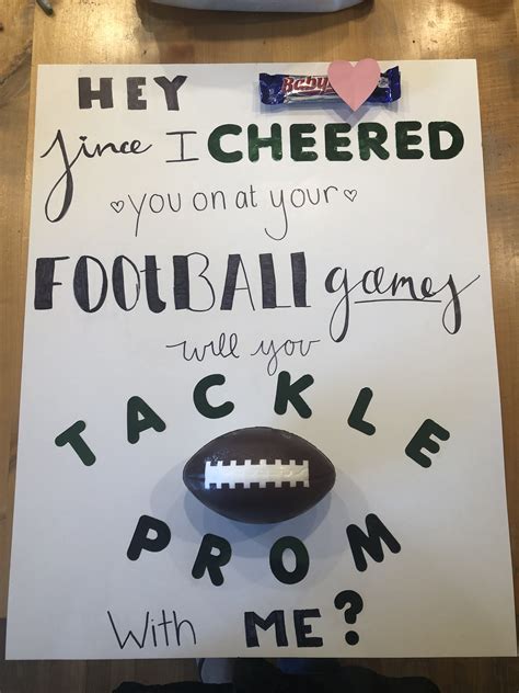 Football prom proposal - Sep 7, 2018 · When Pigs Fly: Be a Deer (source unknown): Basketball Promposal Idea (source unknown): Solo Cups (source unknown): Bananas for You (Source unknown): Ask with Donuts: Football Promposal (Source Unknown): Periodic Table Way to Ask to a Dance (Source Unknown): And that’s not it…I have even more fun promposals for you! 